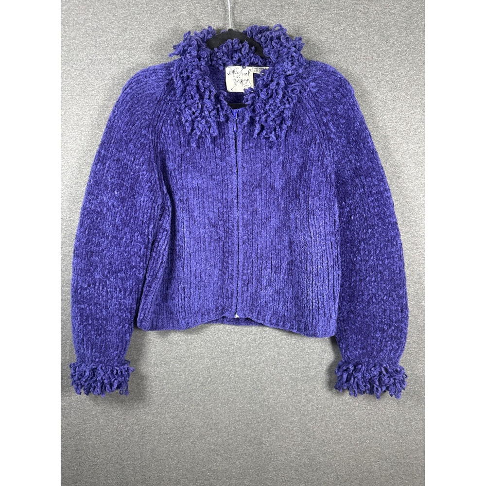 Vintage 1998 Michael Simon Purple Chenille Loop Fringe Zip Up Cardigan Sweater M